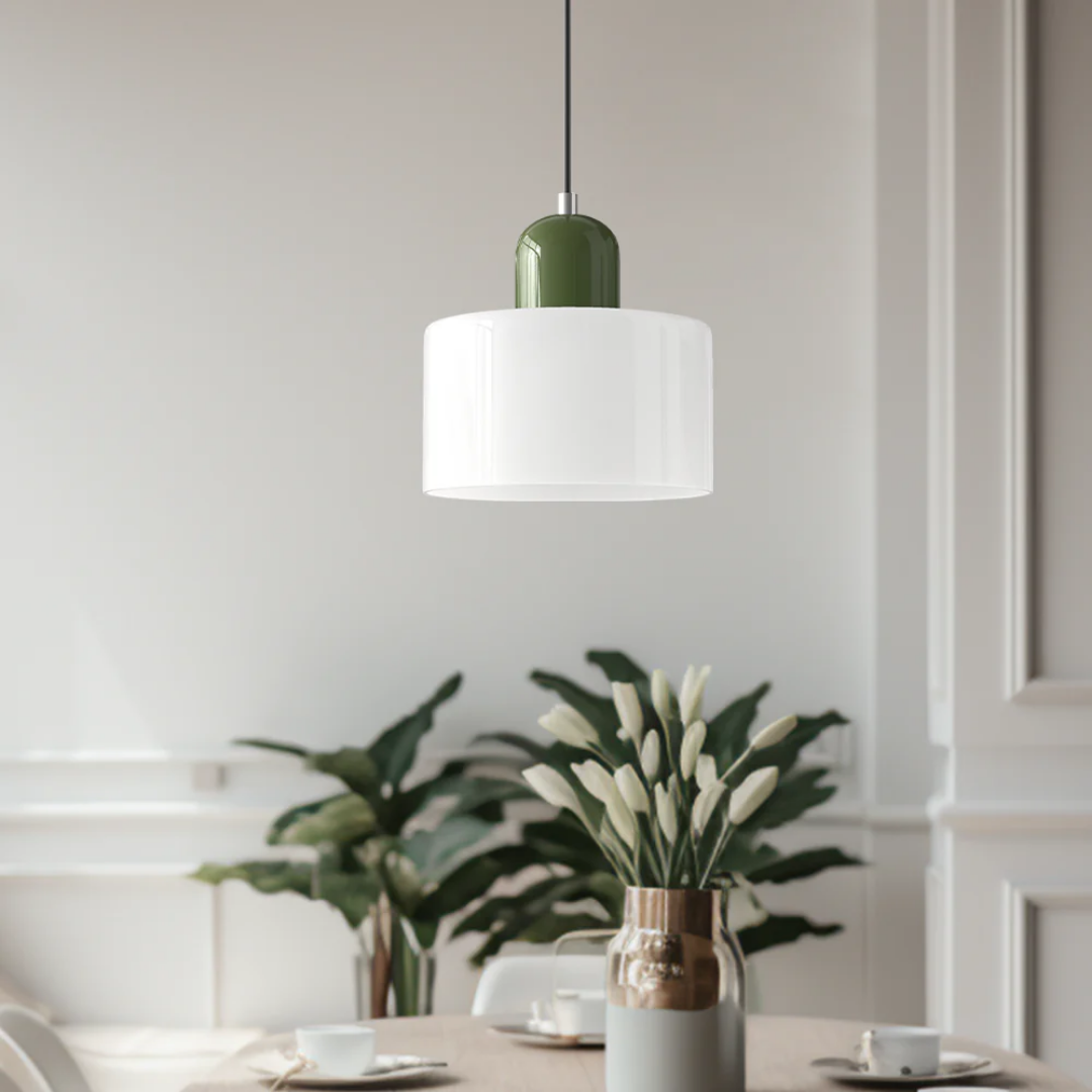 Retro Hanglamp met Oranje Glazen Kap & Groene Bovenzijde
