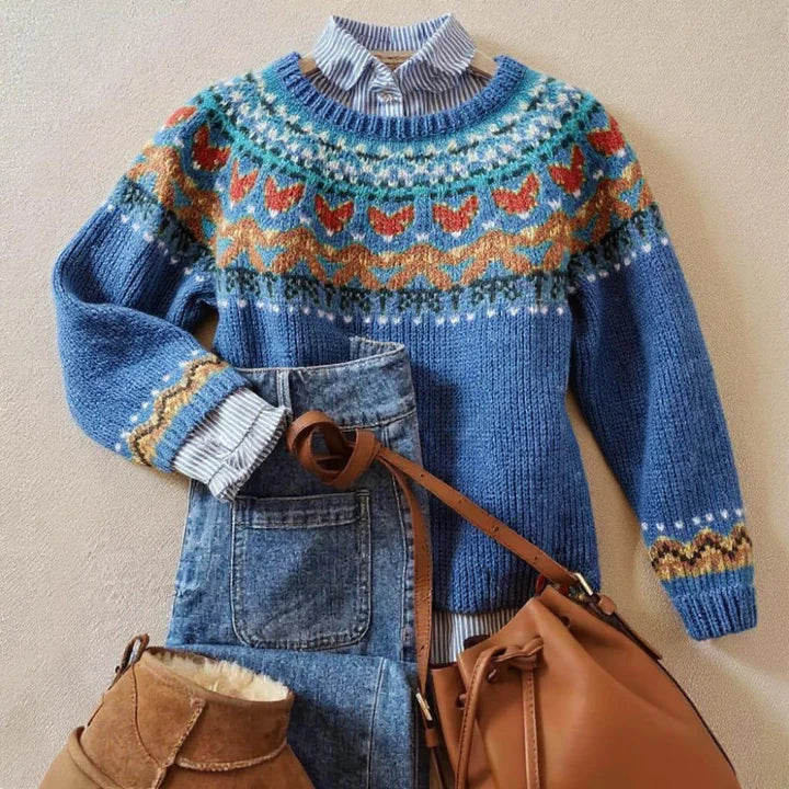 Sweter nordycki z okrągłym dekoltem | Klasyczny vintage'owy sweter dzianinowy