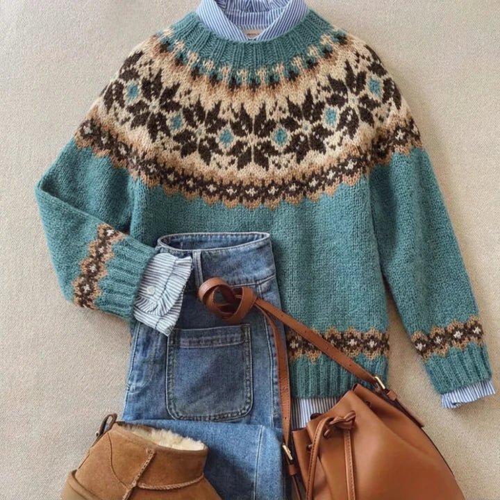 Sweter nordycki z okrągłym dekoltem | Klasyczny vintage'owy sweter dzianinowy