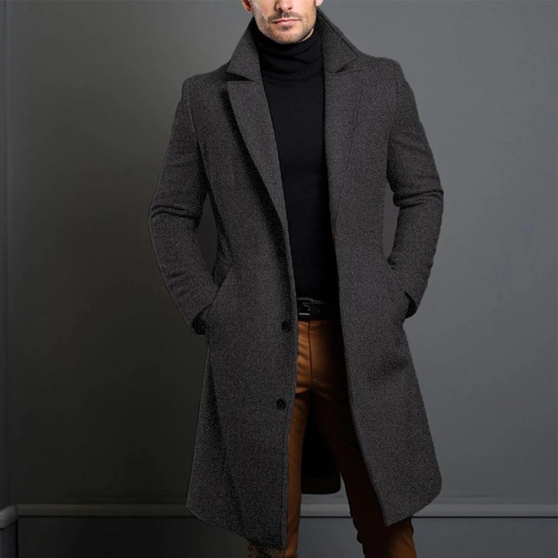 Heren Slim-Fit Lange Wollen Jas | Elegante Dubbelrijige Winterjas