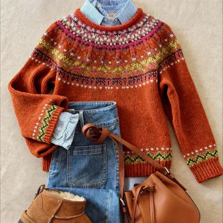Sweter nordycki z okrągłym dekoltem | Klasyczny vintage'owy sweter dzianinowy