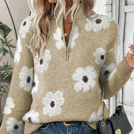 Pull pour femme à imprimé floral et demi-zip | Daisy Knit décontracté