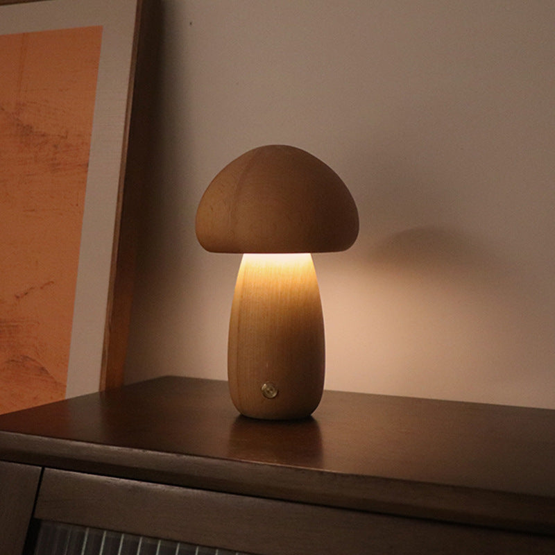 Paddenstoelvormige Oplaadbare Tafellamp | Dimbare Houten Lamp