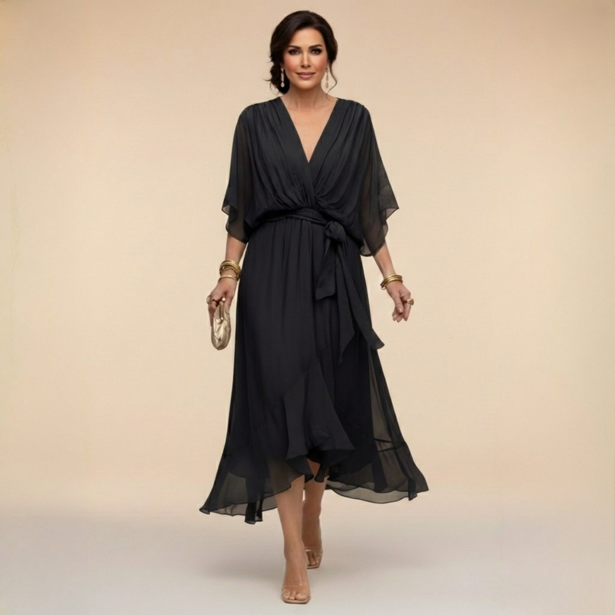 Dames Midi Chiffonjurk | Elegante Jurk Met V-Hals En Ceintuur