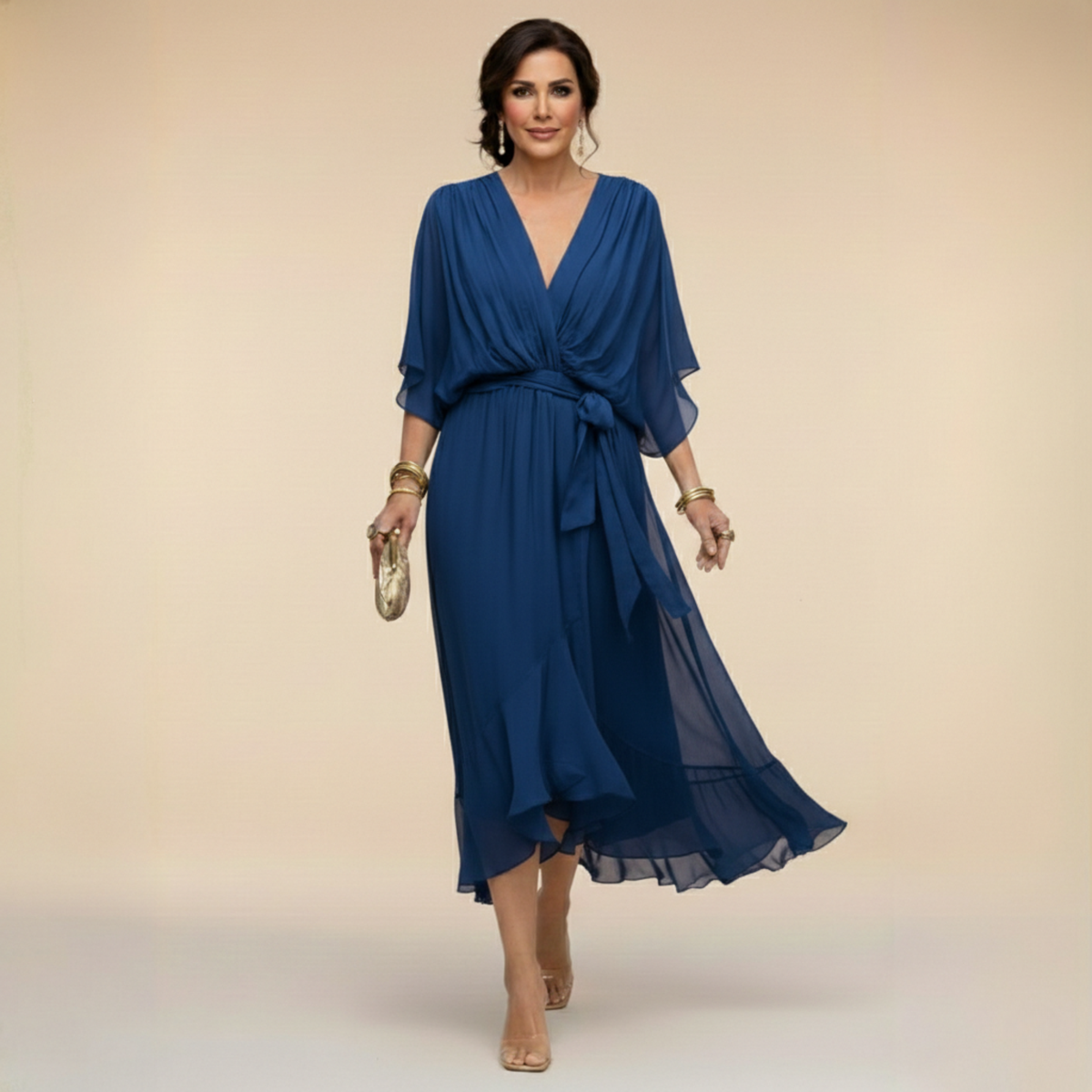 Dames Midi Chiffonjurk | Elegante Jurk Met V-Hals En Ceintuur
