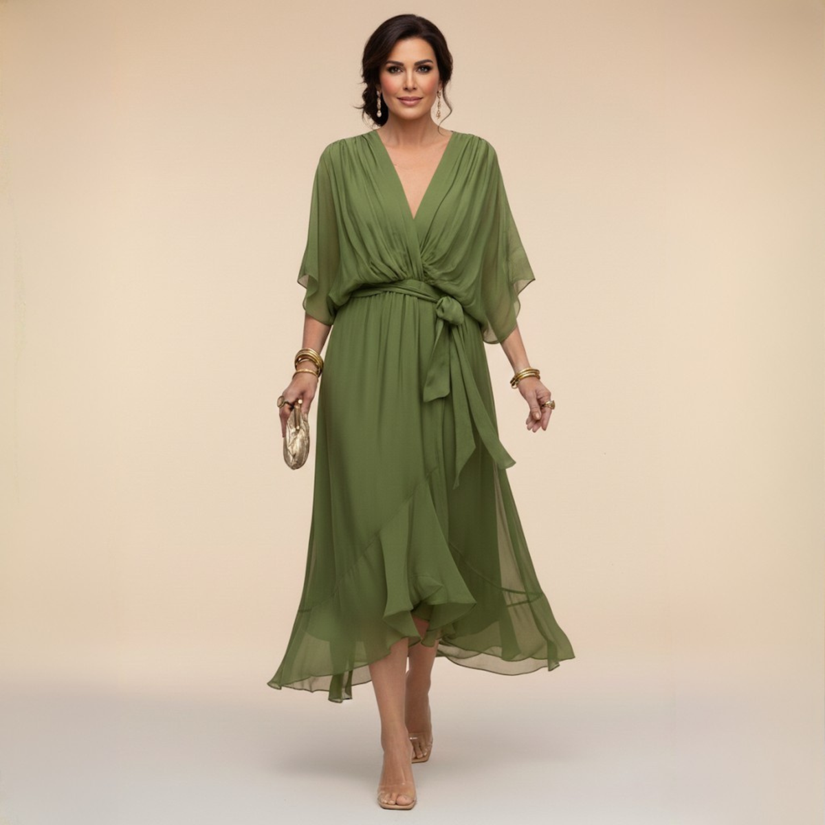 Dames Midi Chiffonjurk | Elegante Jurk Met V-Hals En Ceintuur