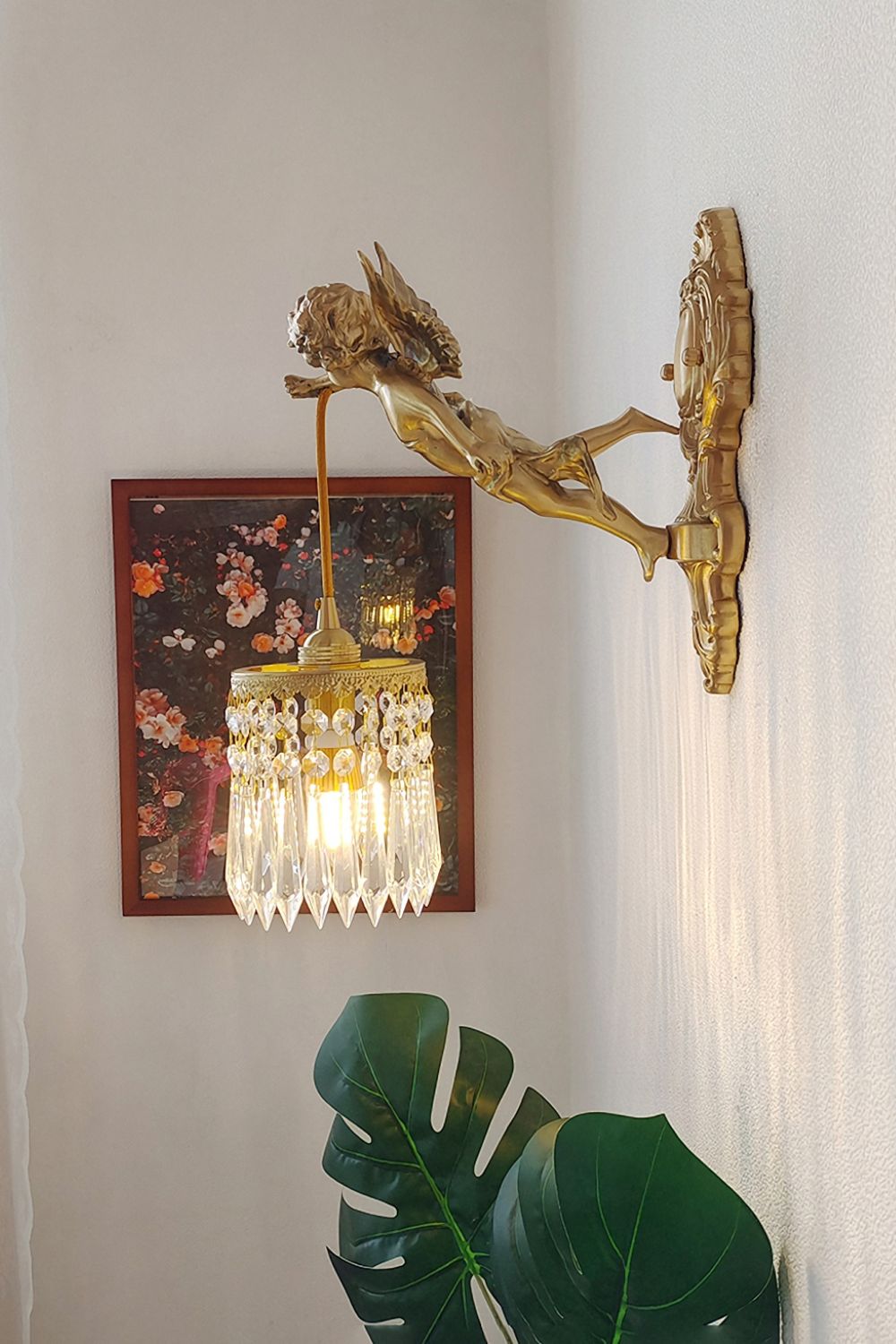 Engelen Wandlamp | Messing & Kristal E14 Wandlamp Met Putto-Design