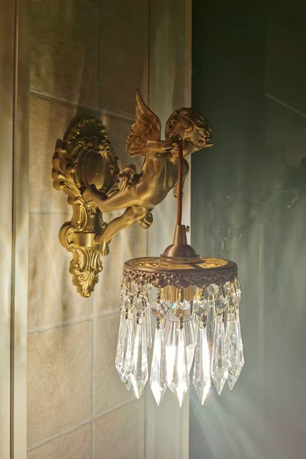 Engelen Wandlamp | Messing & Kristal E14 Wandlamp Met Putto-Design