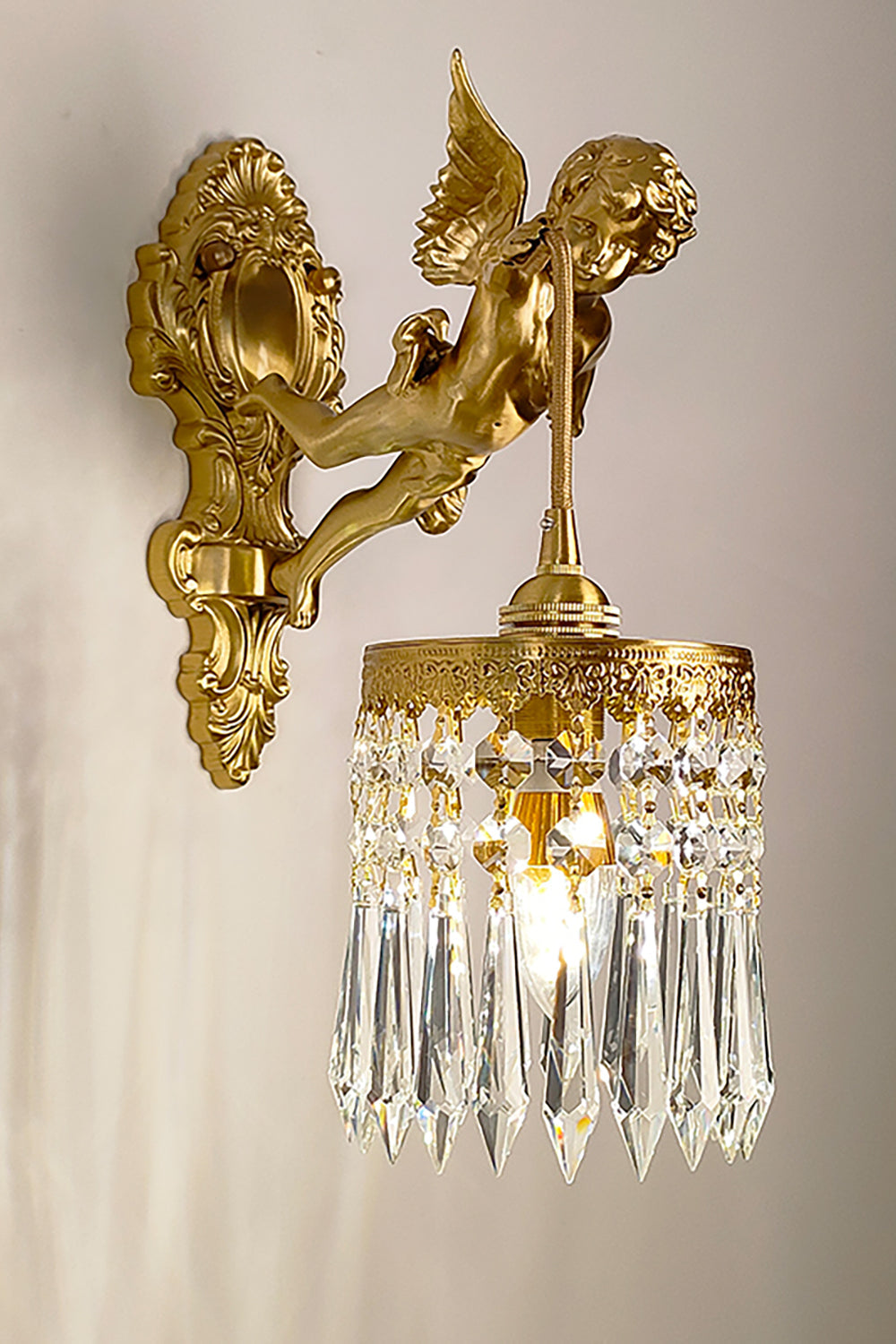 Engelen Wandlamp | Messing & Kristal E14 Wandlamp Met Putto-Design