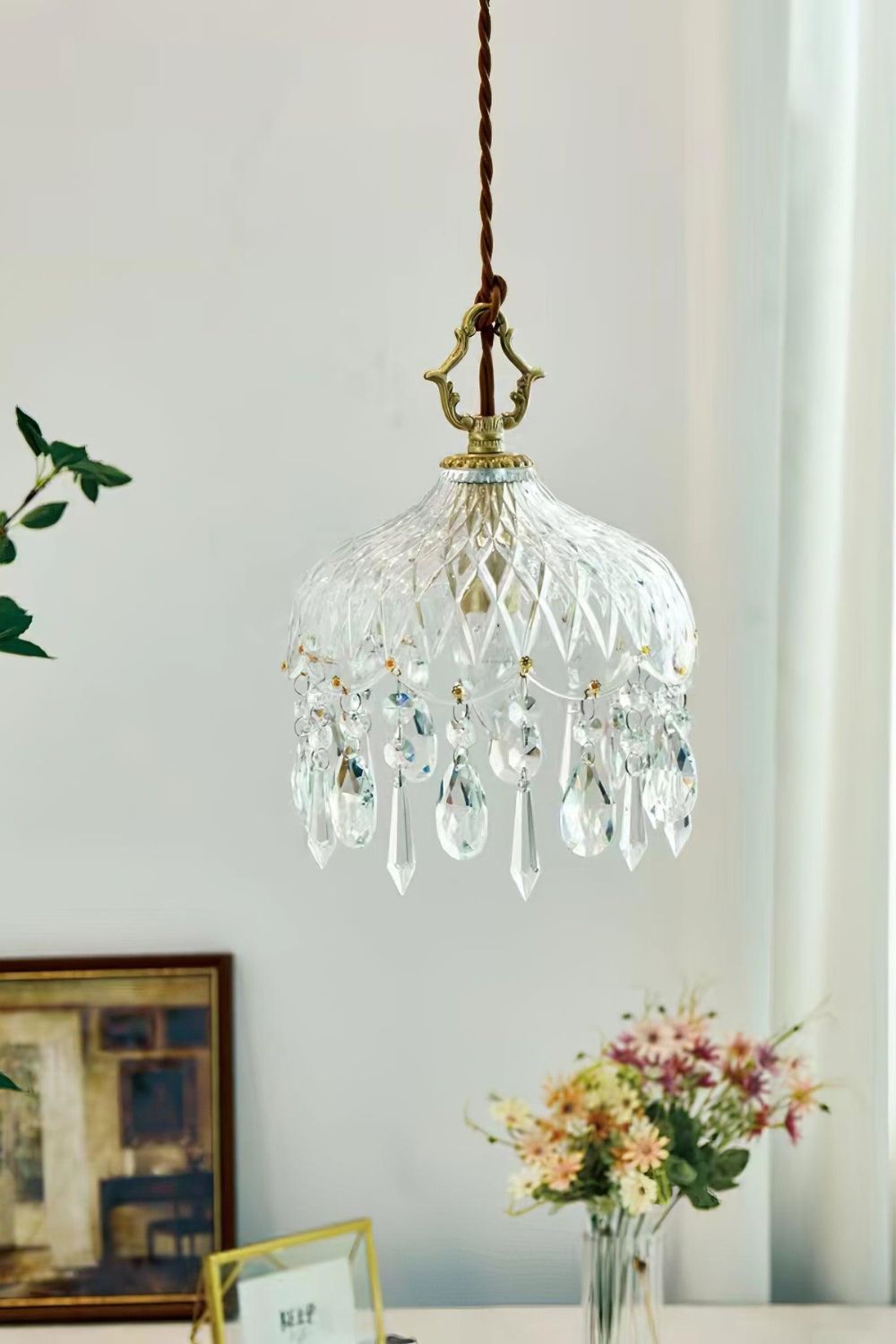 Komvormige Hanglamp | Vintage Messing & Glazen E14 Plafondlamp