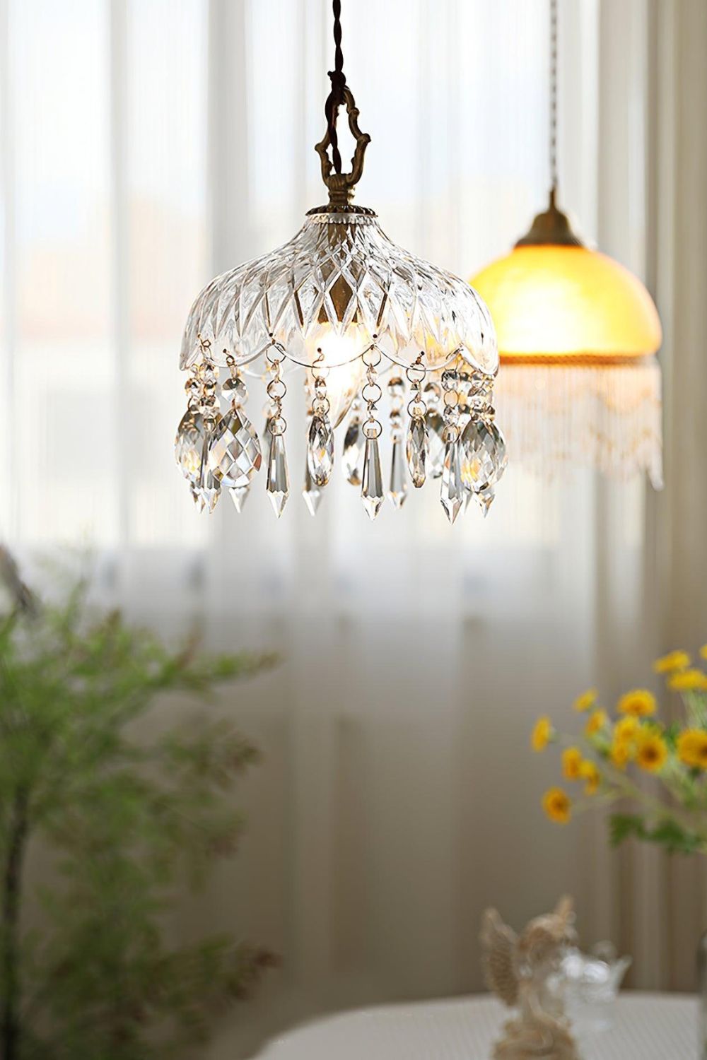Komvormige Hanglamp | Vintage Messing & Glazen E14 Plafondlamp
