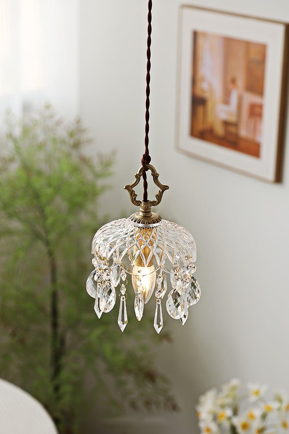 Komvormige Hanglamp | Vintage Messing & Glazen E14 Plafondlamp
