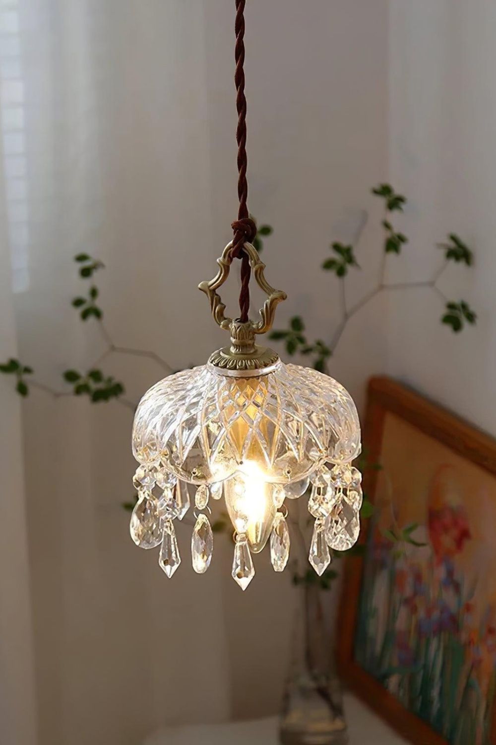 Komvormige Hanglamp | Vintage Messing & Glazen E14 Plafondlamp