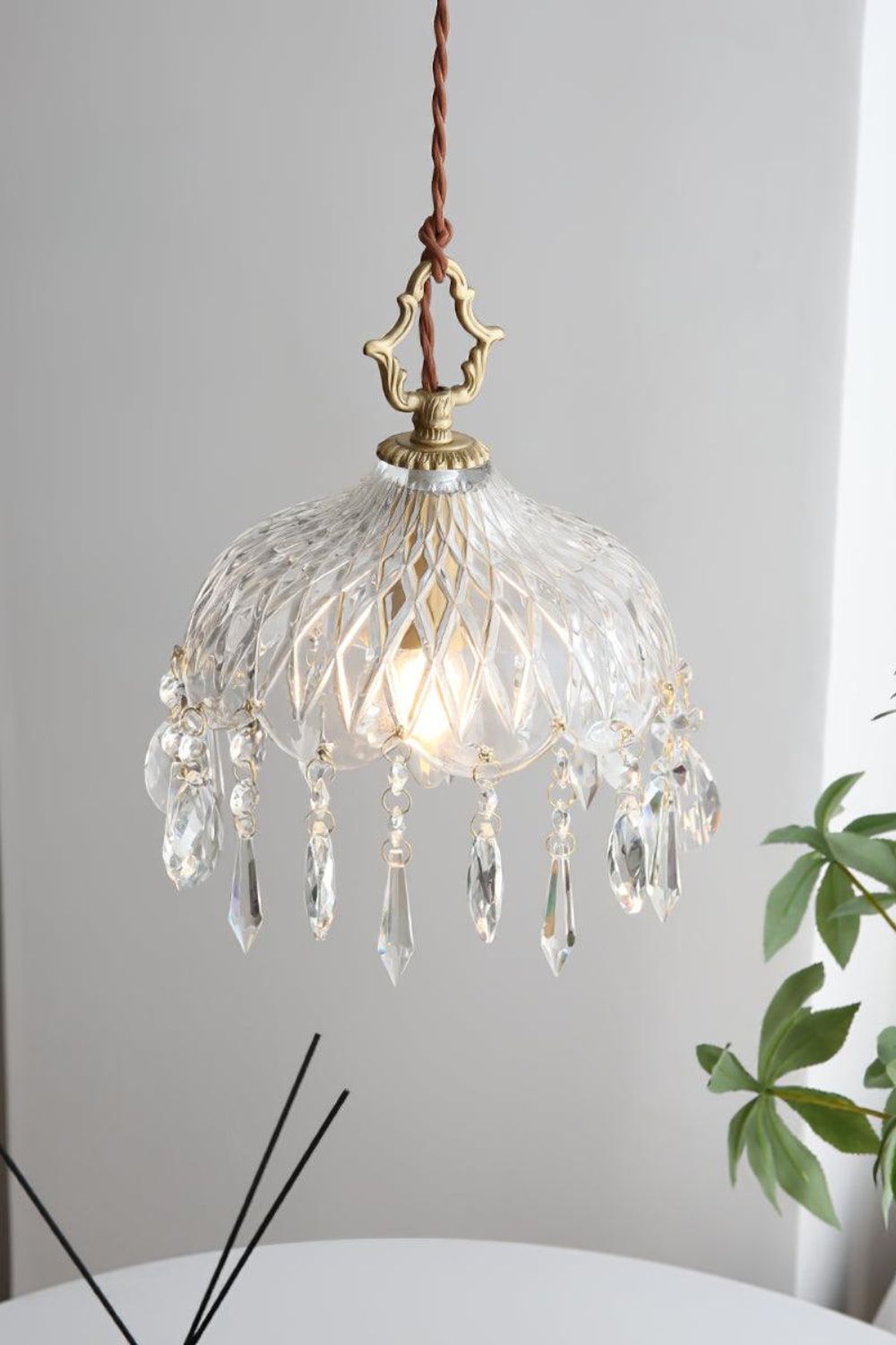 Komvormige Hanglamp | Vintage Messing & Glazen E14 Plafondlamp