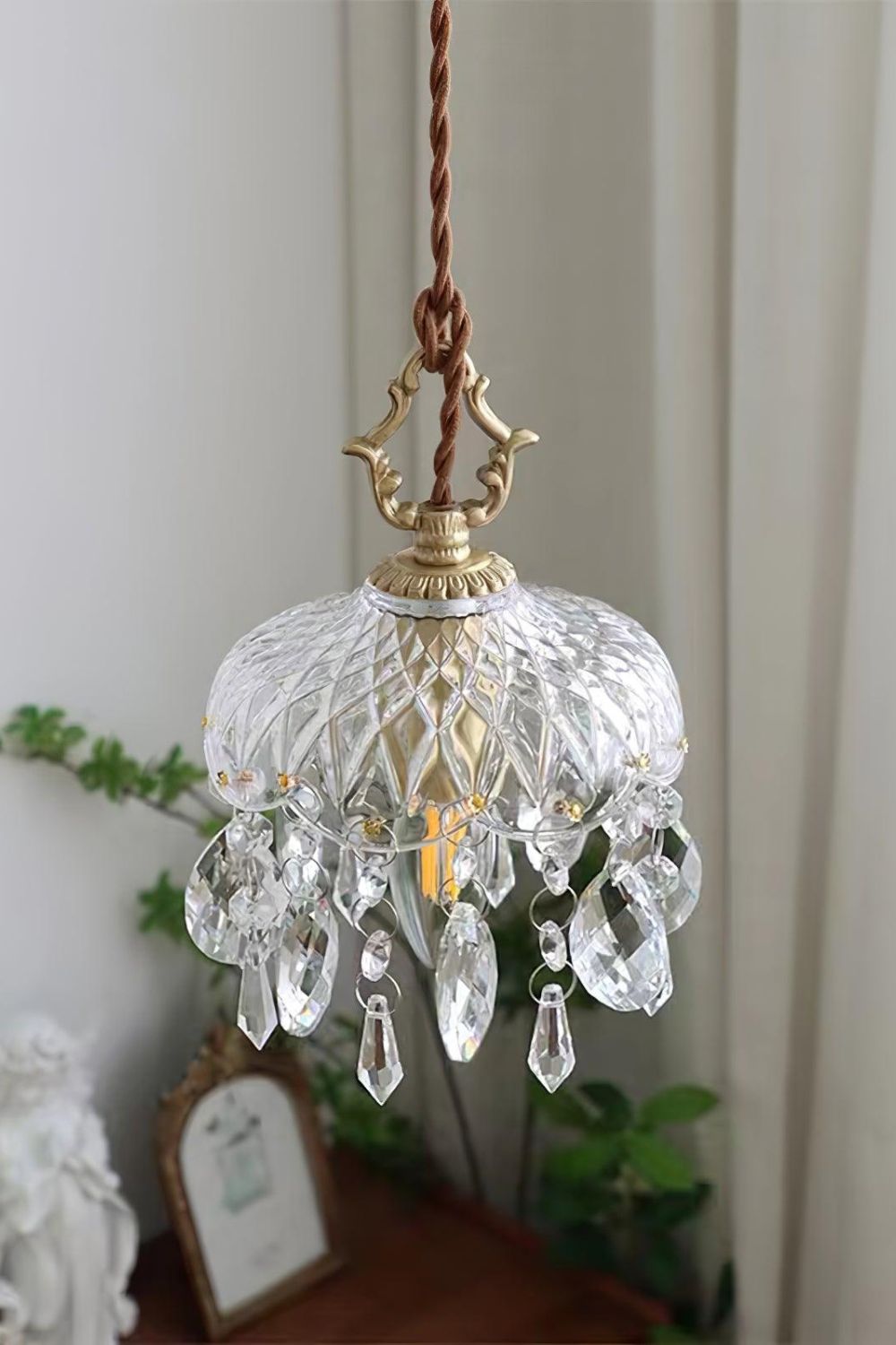 Komvormige Hanglamp | Vintage Messing & Glazen E14 Plafondlamp