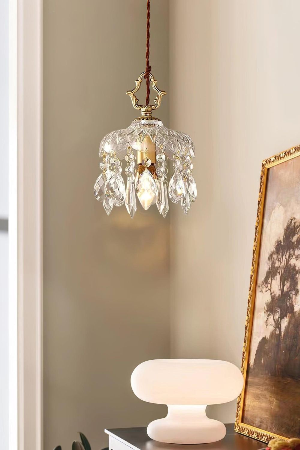 Komvormige Hanglamp | Vintage Messing & Glazen E14 Plafondlamp