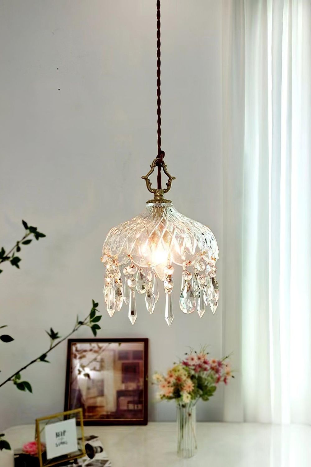 Komvormige Hanglamp | Vintage Messing & Glazen E14 Plafondlamp