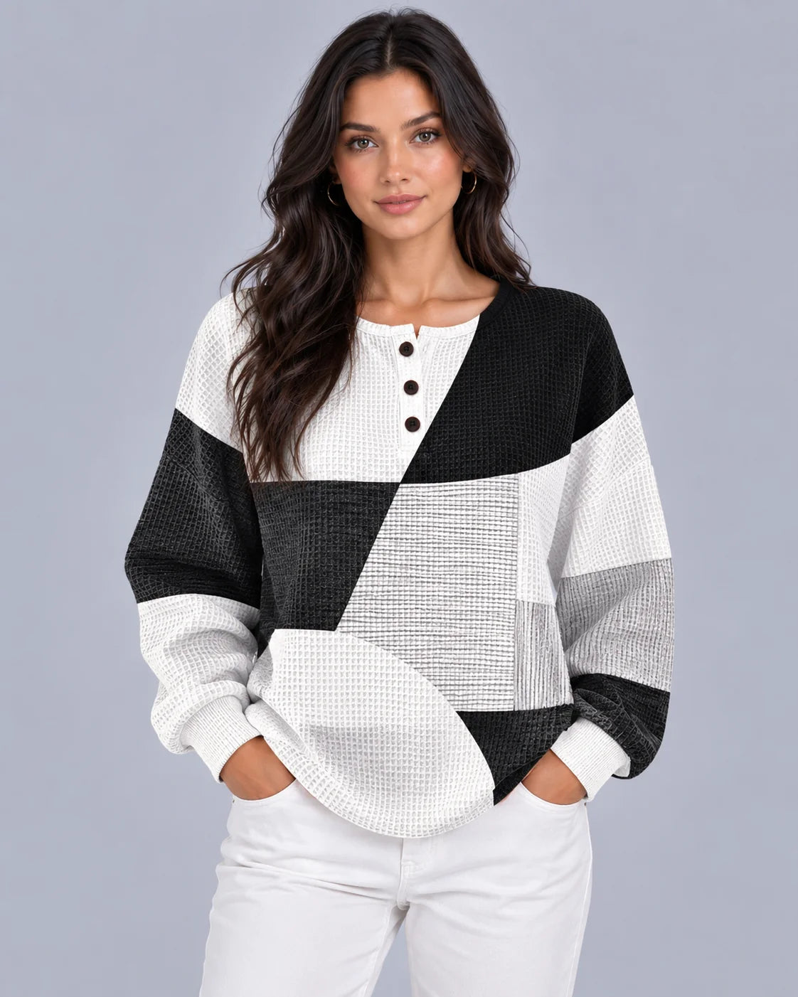 Dames Wafelgebreide Pullovertrui | Comfortabele Colour Block Henley