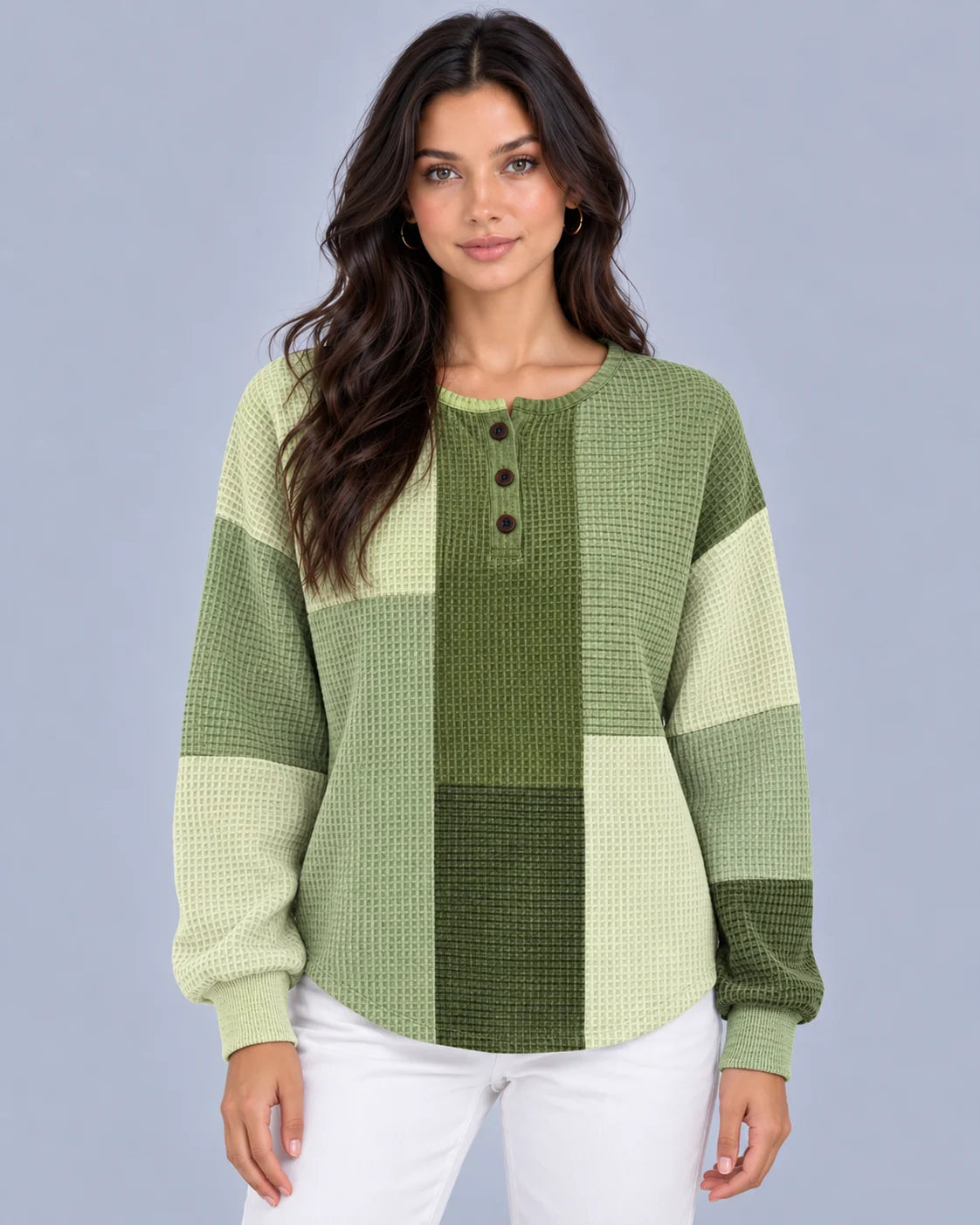Dames Wafelgebreide Pullovertrui | Comfortabele Colour Block Henley