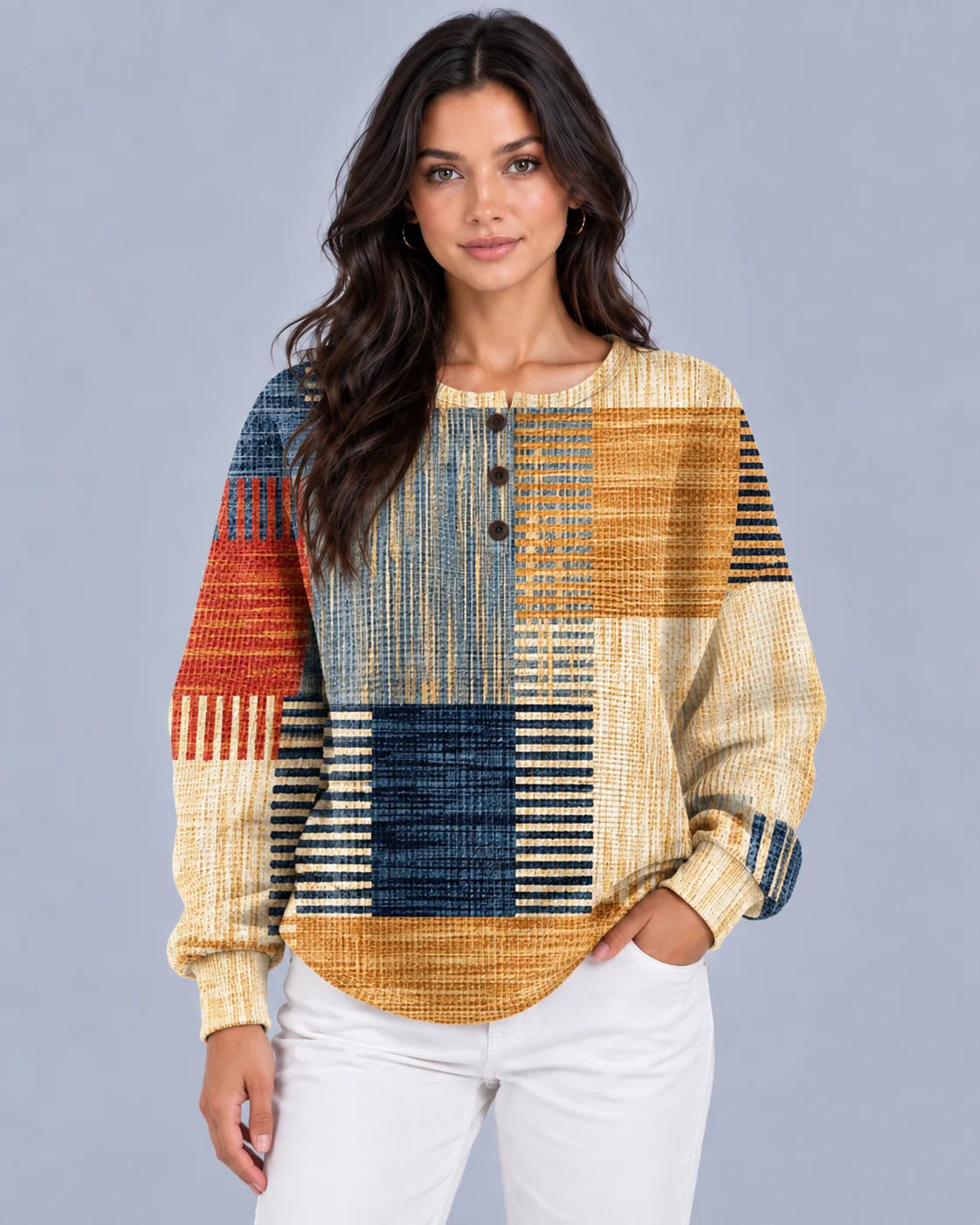Dames Wafelgebreide Pullovertrui | Comfortabele Colour Block Henley