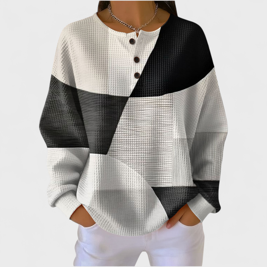Dames Wafelgebreide Pullovertrui | Comfortabele Colour Block Henley