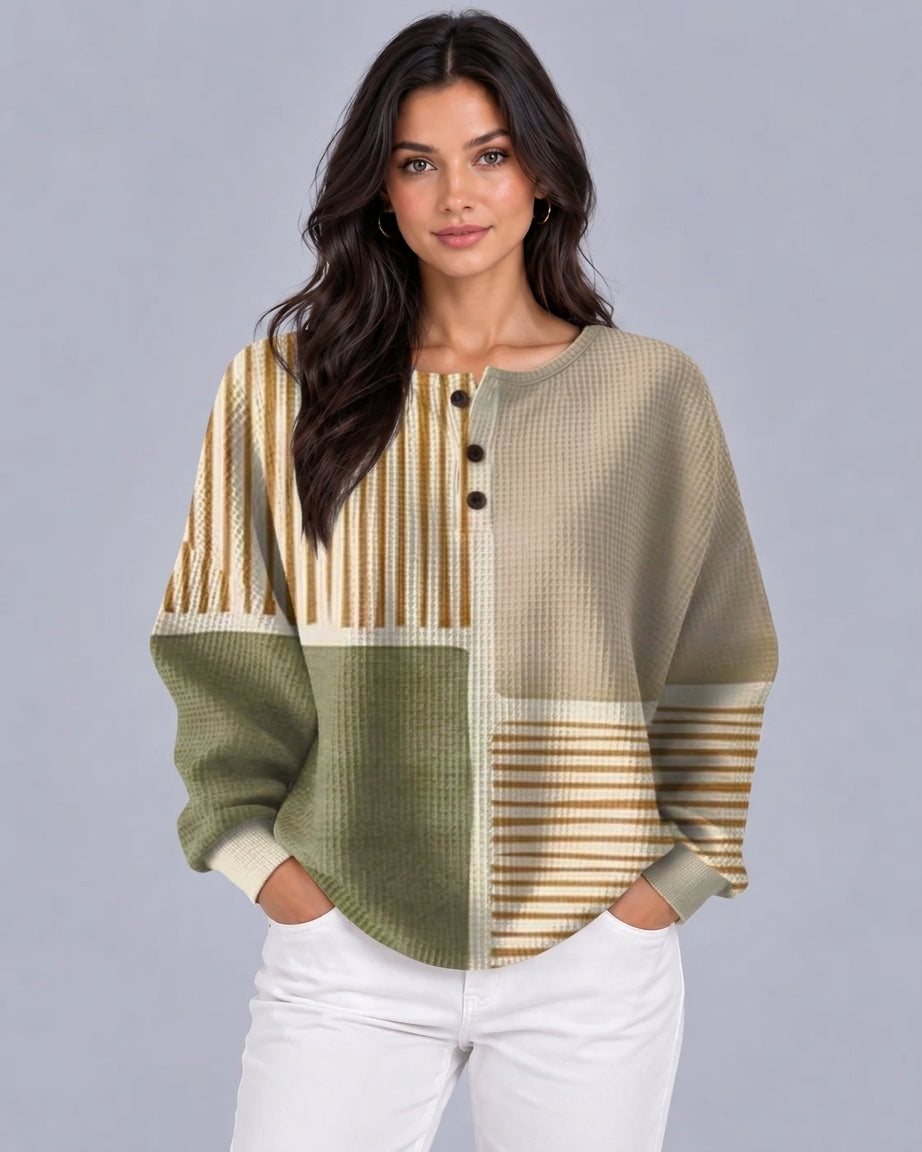 Dames Wafelgebreide Pullovertrui | Comfortabele Colour Block Henley