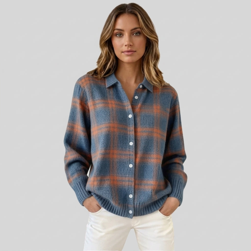 Pull à carreaux pour femme avec col | Cardigan décontracté et chaud