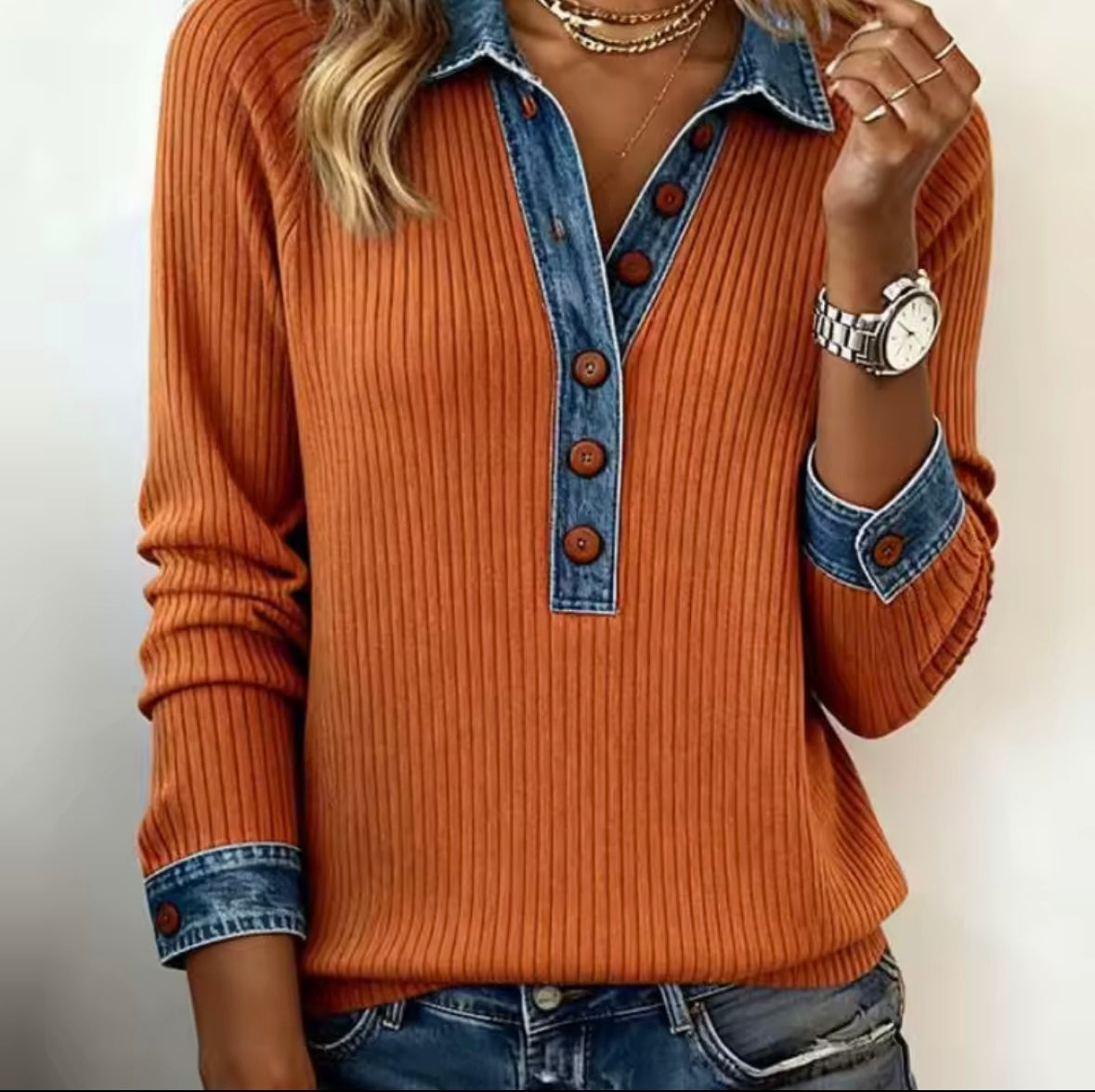 Top en maille côtelée | Top pour femme à manches longues avec détail en denim
