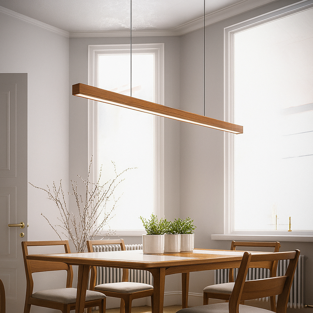 Lineaire Houten LED Hanglamp | Slanke Balklamp Voor Eettafel
