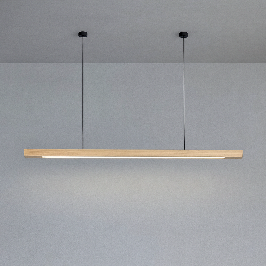 Lineaire Houten LED Hanglamp | Slanke Balklamp Voor Eettafel