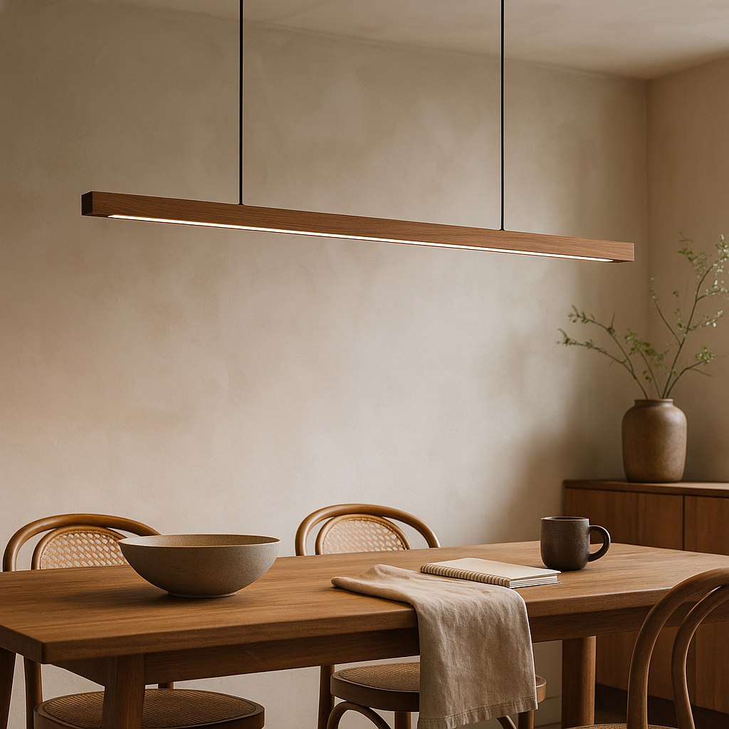 Lineaire Houten LED Hanglamp | Slanke Balklamp Voor Eettafel