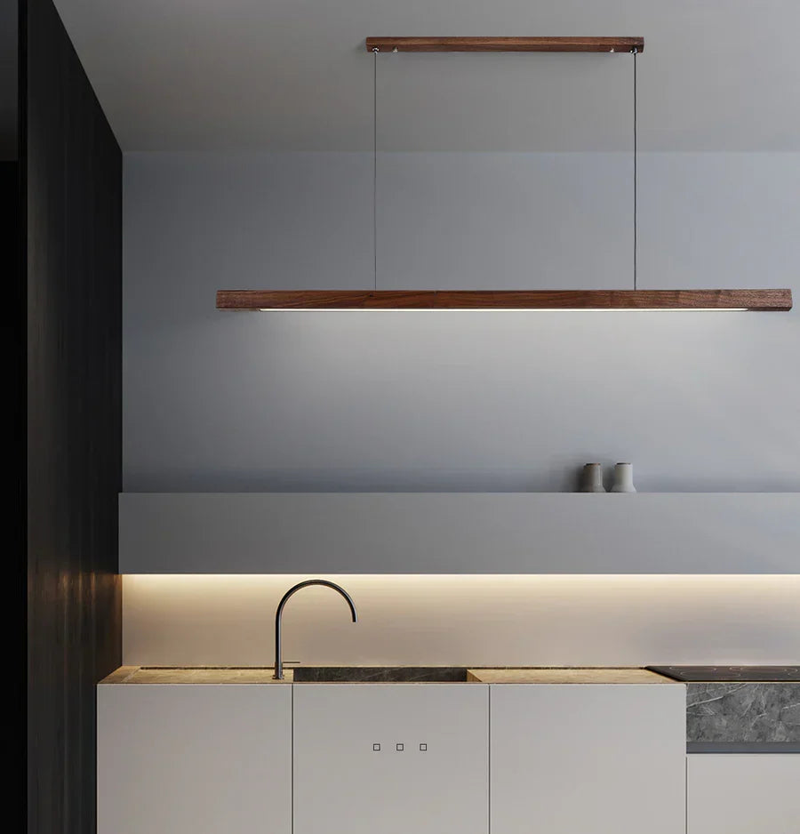 Lineaire Houten LED Hanglamp | Slanke Balklamp Voor Eettafel