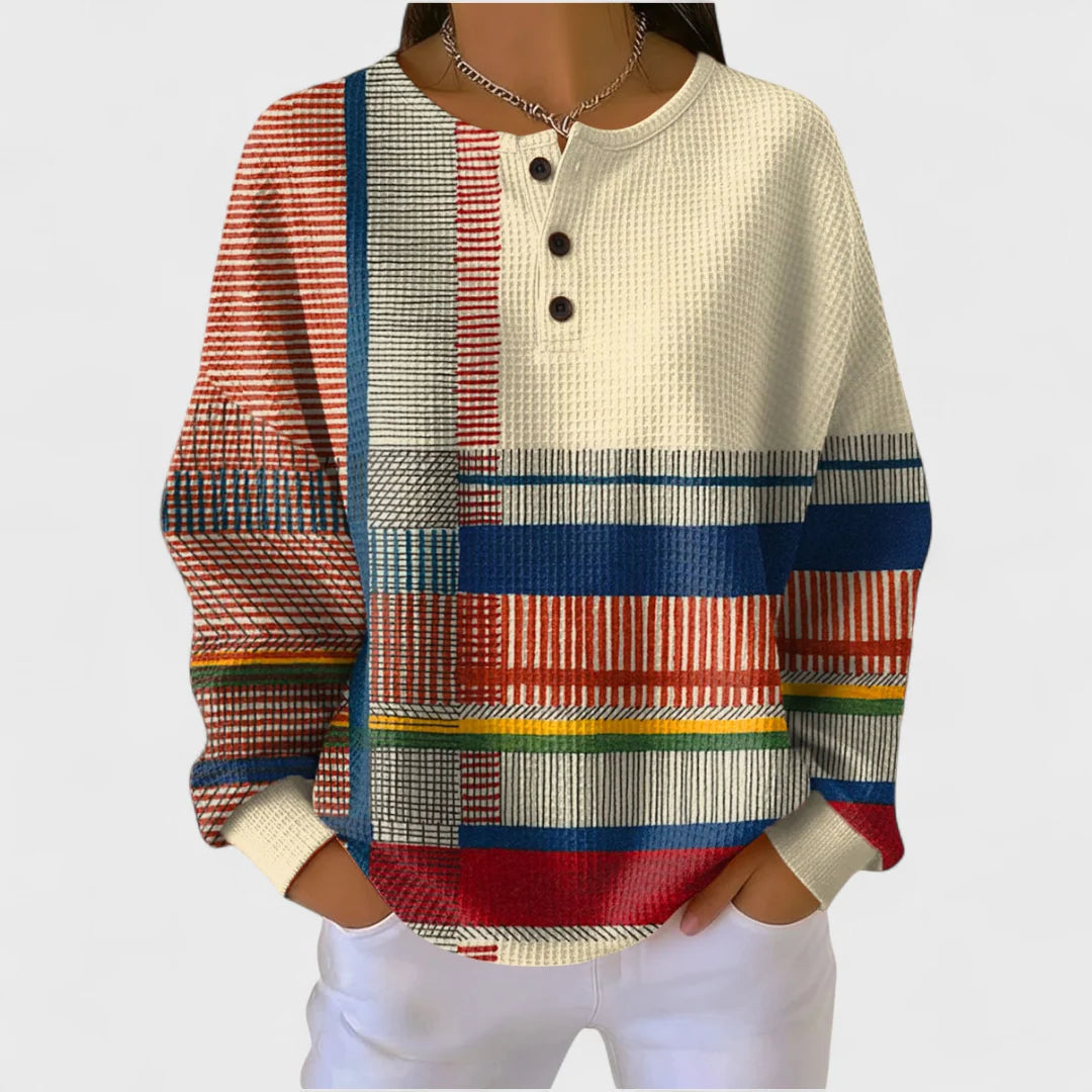 Dames Wafelgebreide Pullovertrui | Comfortabele Colour Block Henley