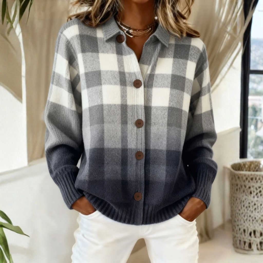 Pull à carreaux pour femme avec col | Cardigan décontracté et chaud
