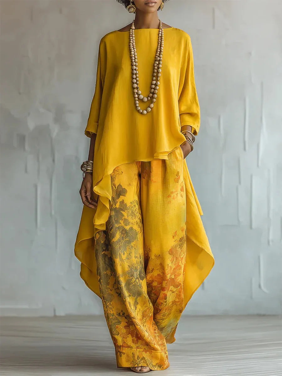 Bedrukte Dames Set | Asymmetrische Top & Wijde Broek