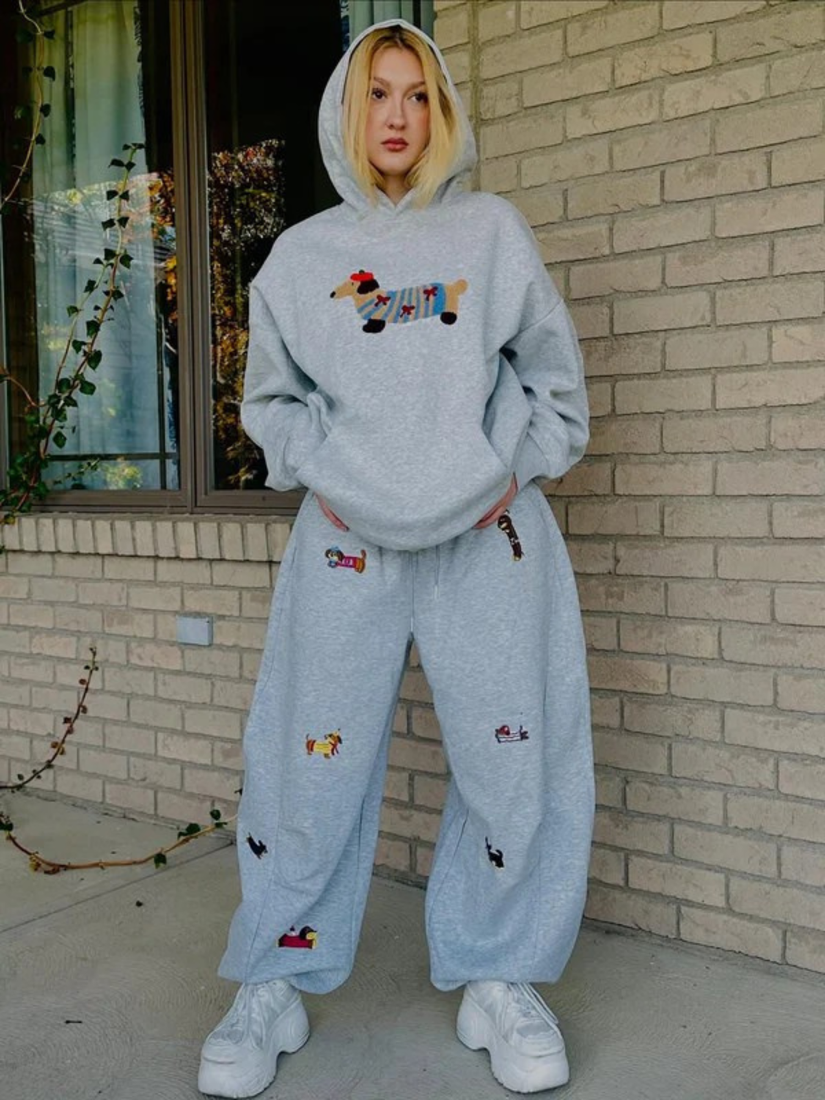 Women's Barrel-Leg Joggers | High-Waisted with Embroidered Dog