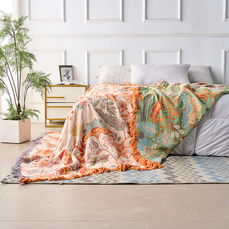 Rustikt boho-tæppe med blomster | plaid i 100 % bomuld
