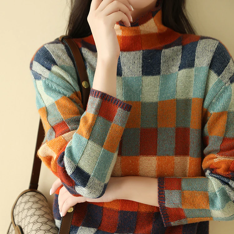 Dames Zachte Patchwork Coltrui | Warme Bouclé Gebreide Trui