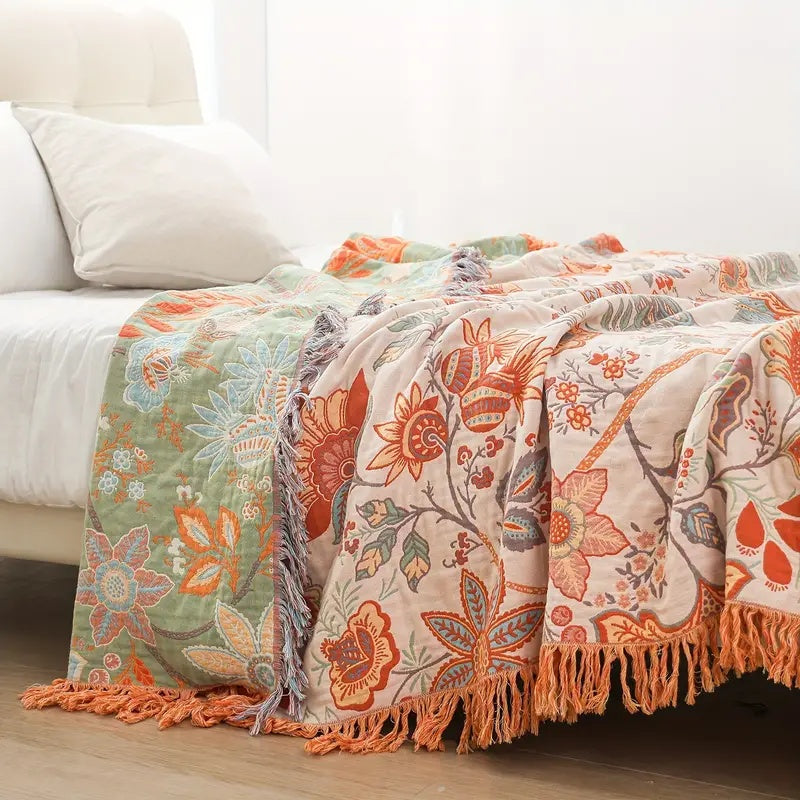 Rustikt boho-tæppe med blomster | plaid i 100 % bomuld