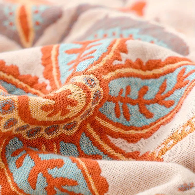Rustikt boho-tæppe med blomster | plaid i 100 % bomuld