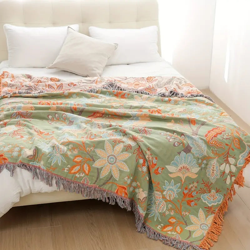 Rustikt boho-tæppe med blomster | plaid i 100 % bomuld