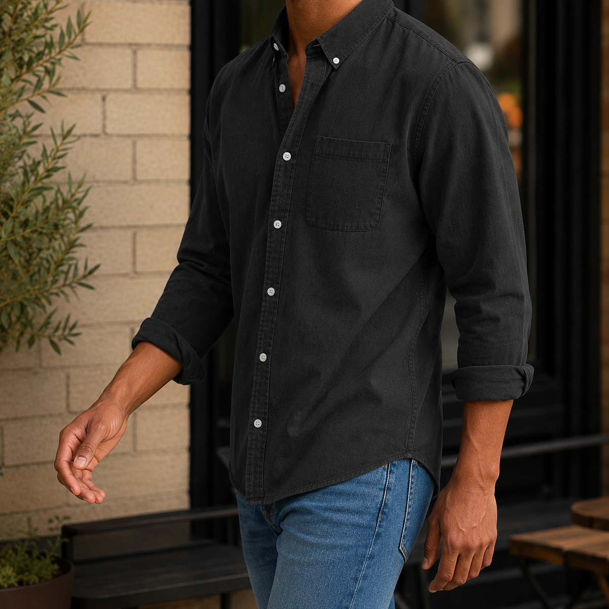 Chemise pour homme à manches longues | Chemise décontractée en chambray et coton mélangé