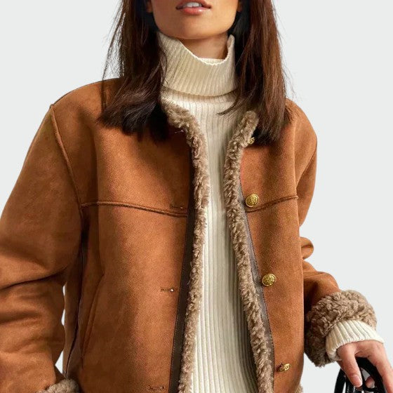 Élégante veste intemporelle | Manteau d’hiver en peau lainée pour femme avec doublure