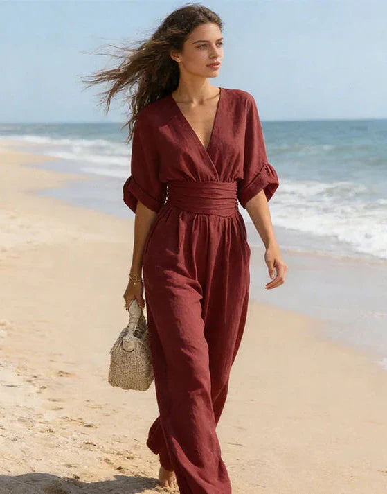 Elegante Damesjumpsuit Met Overslag | Wijde Pijpen & V-Hals
