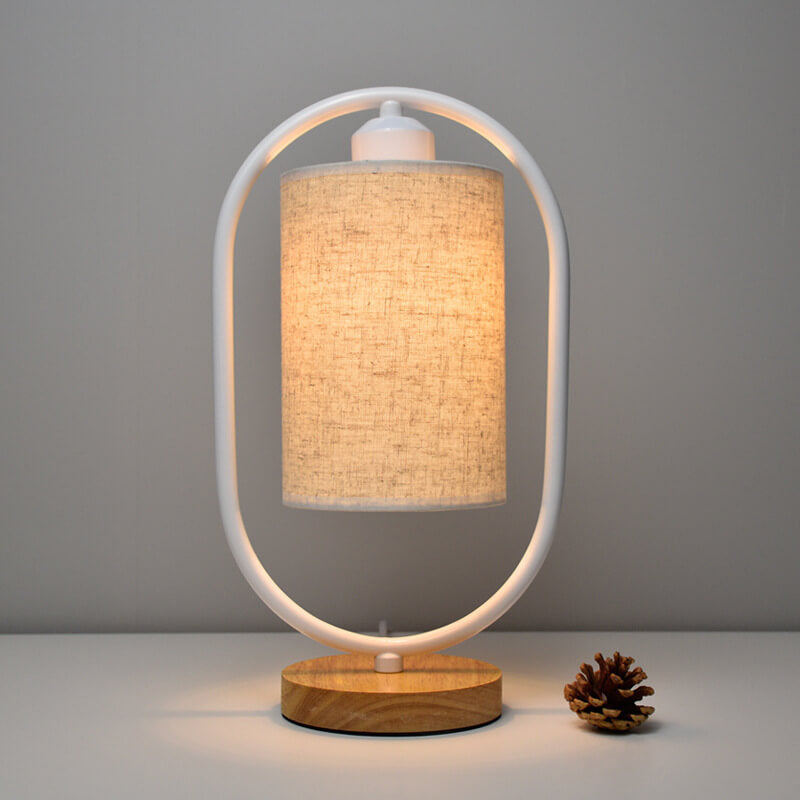 Moderne Stoffet Bordlampe med Trædetaljer – 3-Farvet Lys – Hvid/Beige