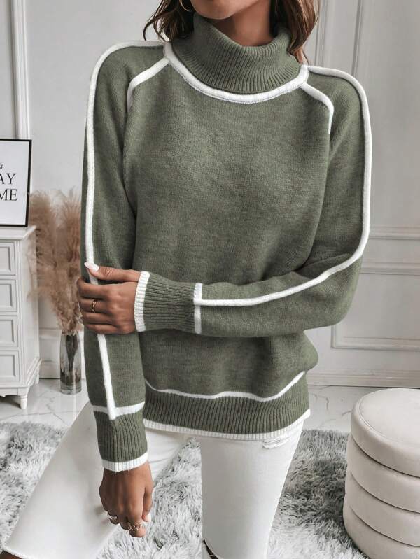 Pull court rayé pour femme à col roulé | Pull en maille côtelée