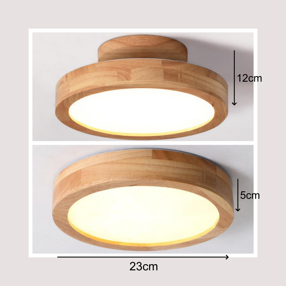 Modern rund LED taklampa i trä och järn