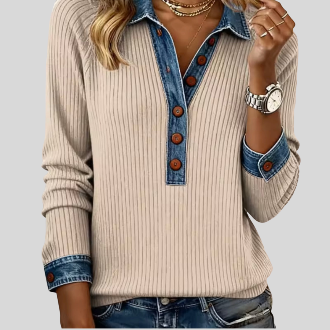Top en maille côtelée | Top pour femme à manches longues avec détail en denim