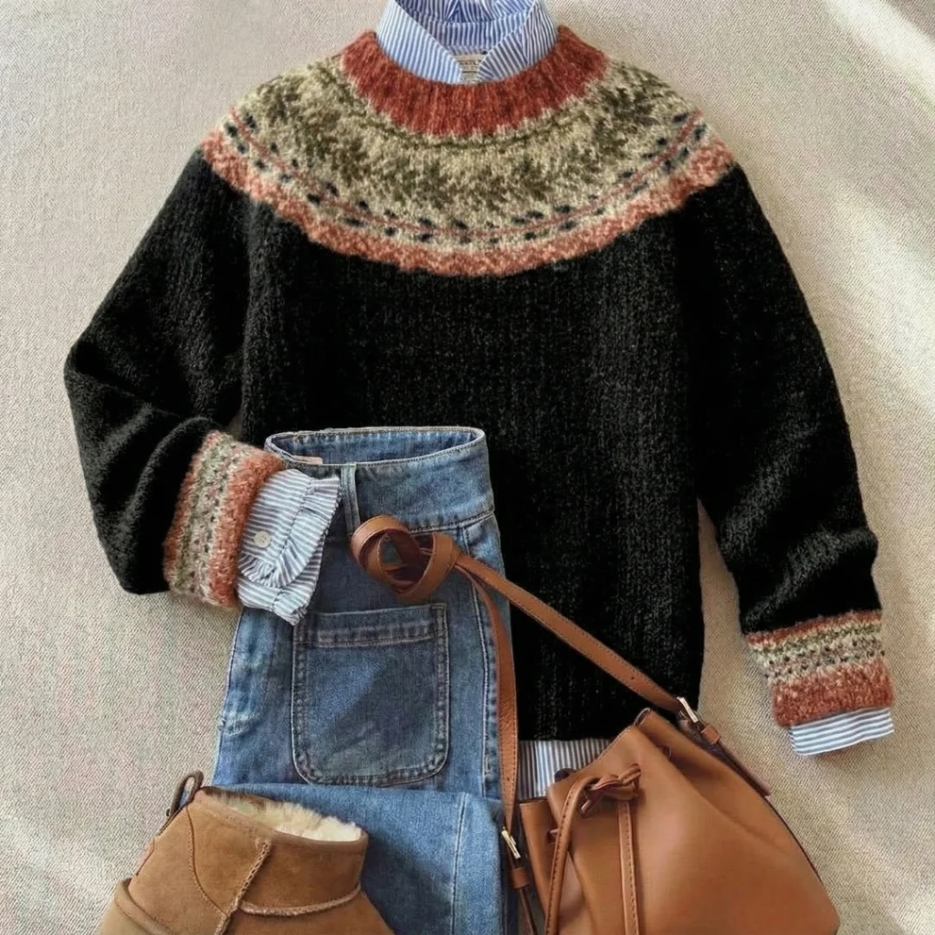 Sweter nordycki z okrągłym dekoltem | Klasyczny vintage'owy sweter dzianinowy