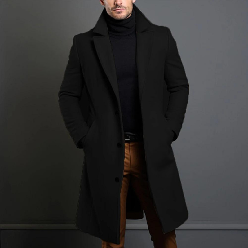 Heren Slim-Fit Lange Wollen Jas | Elegante Dubbelrijige Winterjas